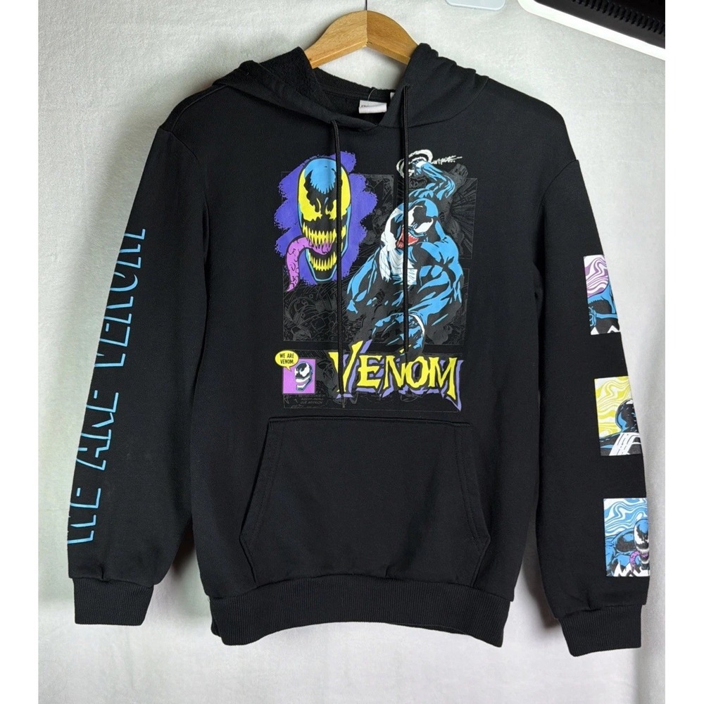 Marvel Men's Black Cotton Blend Hoodie Venom Graphic Comic Book Pullover Medium